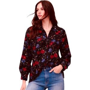 Vintage Black Velvet Floral Long Sleeve Women’s Medium Bohemian Romantic Luxury